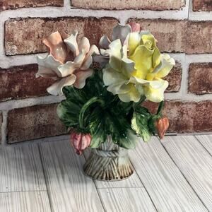 Lovely Vintage Italian Porcelain Capodimonte Rose Bouquet In A Woven Design Vase
